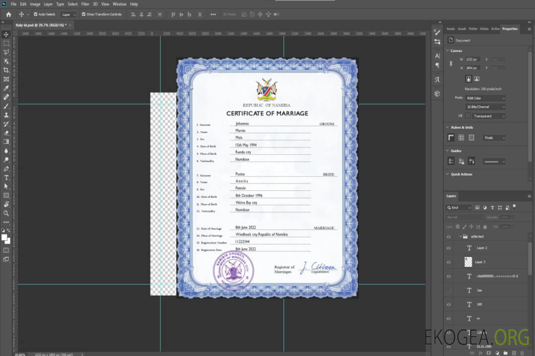 Modèle PSD de certificat de mariage en Namibie template